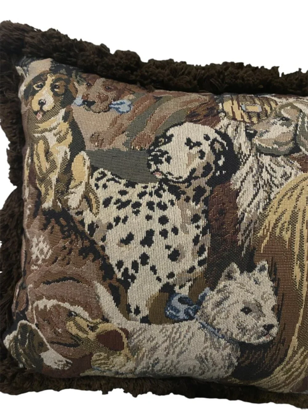 Vintage Dog Novelty Tapestry Throw Pillow Brown Fringe Cottagecore